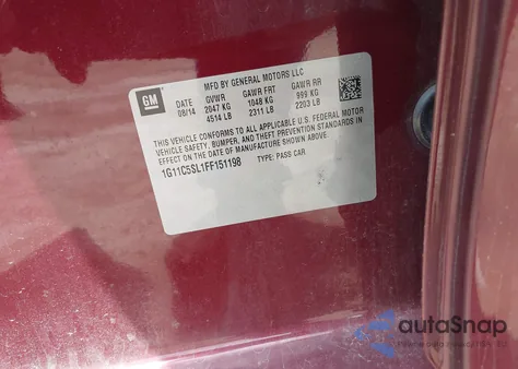 2015 Chevrolet Malibu 1Lt from USA, damaged, VIN 1G11C5SL1FF151198